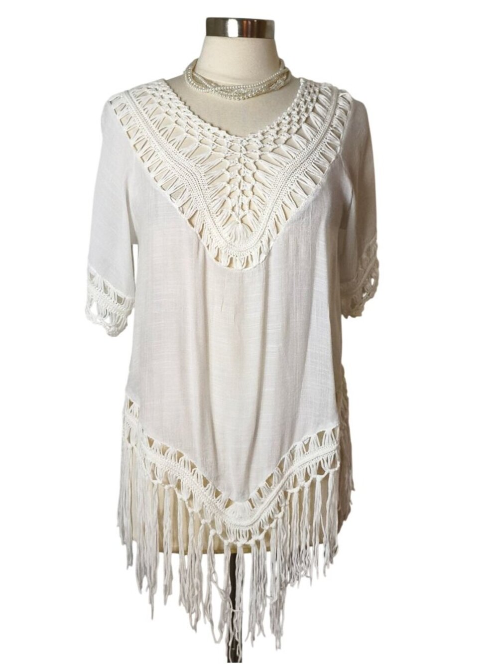Womens L Tunic Top Crochet Fringe Boho White Lightweight Fairy Festive Vivid